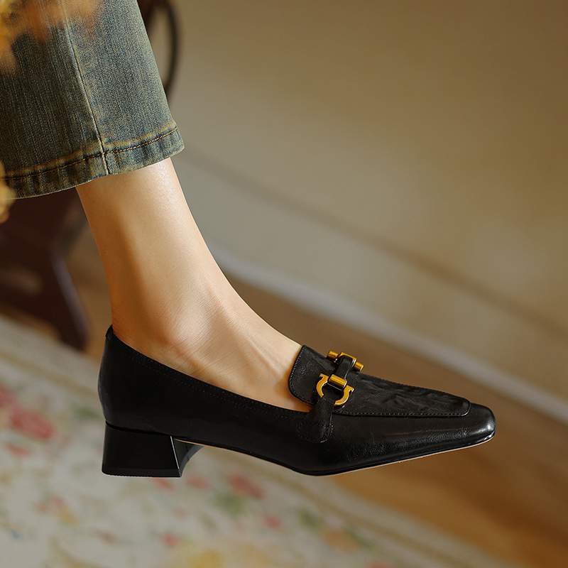 Krazing Pot Sheepskin Round Toe Chunky Heels Autumn Summer Shoes Slip On Women Retro Fashion Pumps