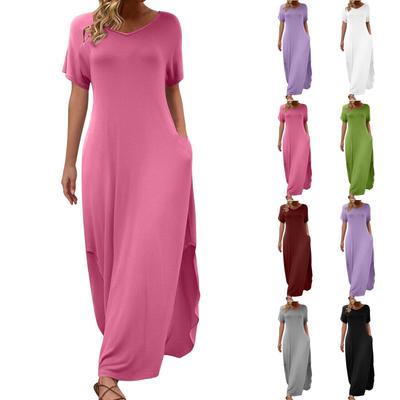 Women's Loose Casual Solid Color V-Neck Pocket Short Sleeved Long Dress Short Sleeved Long Dress