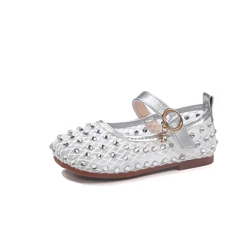 Girls Mesh Shoes Round Toes Kids Princess Shoes Shiny Crystal Elegant Summer Kids Flat Shoes Breathable Non-slip Soft