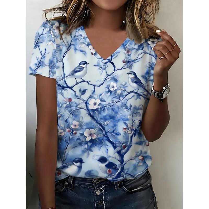 

V-Neck White Background Blue And White Porcelain Floral Bird Print Top | Branches And Flowers Bird Print New Chinese Style Fresh S