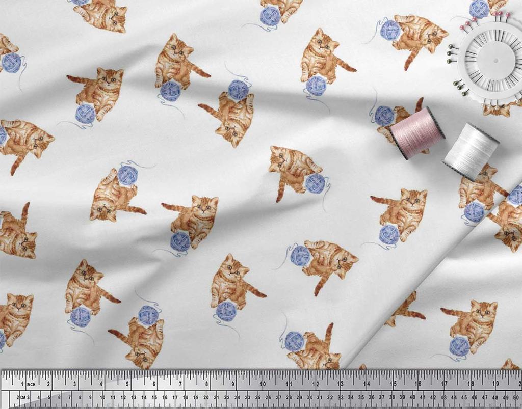 Soimoi Japan Crepe Satin Fabric Wool & Cat Animal Print Fabric by the Metre 42 Inch