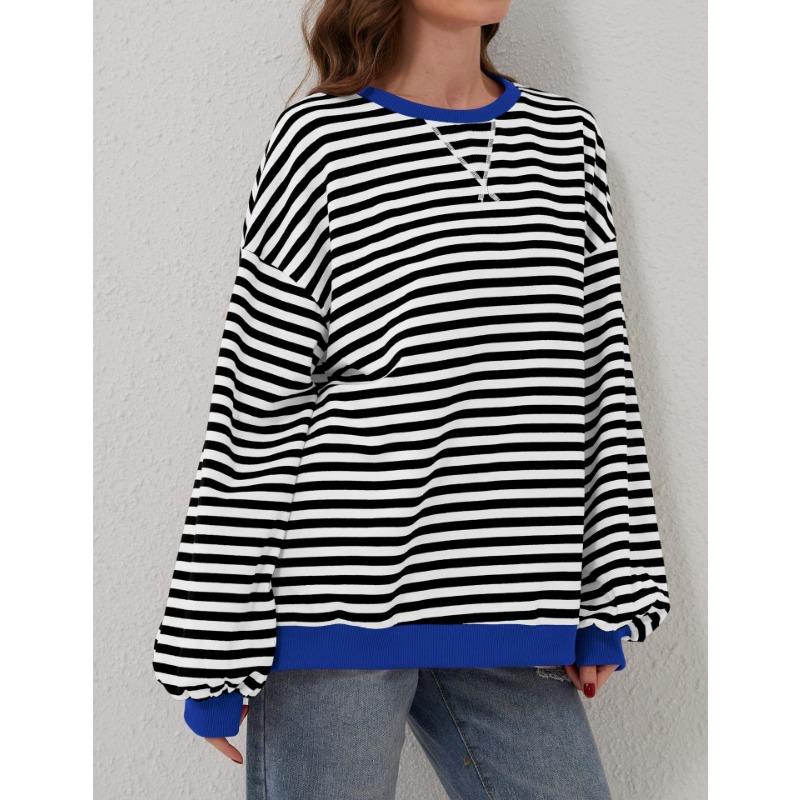 Loose Striped Long Sleeved Round Neck Women's T-shirt