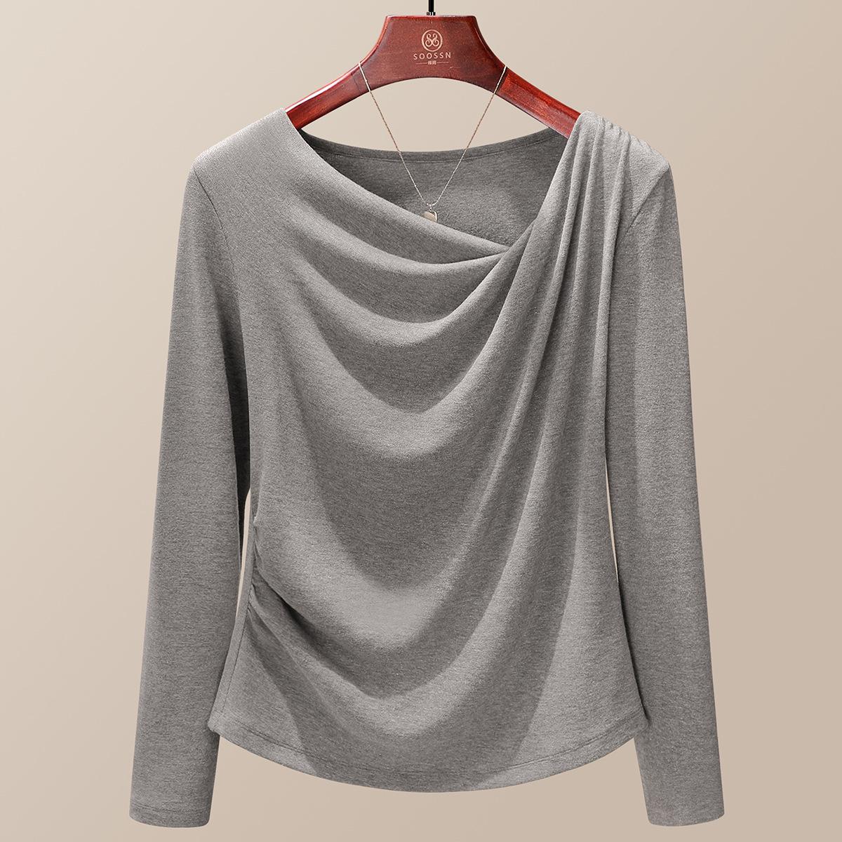 

Темпераментный низ с длинным рукавом женский весенне-осенний новый с косым вырезом плиссированный дизайн универсальный топ XXXL