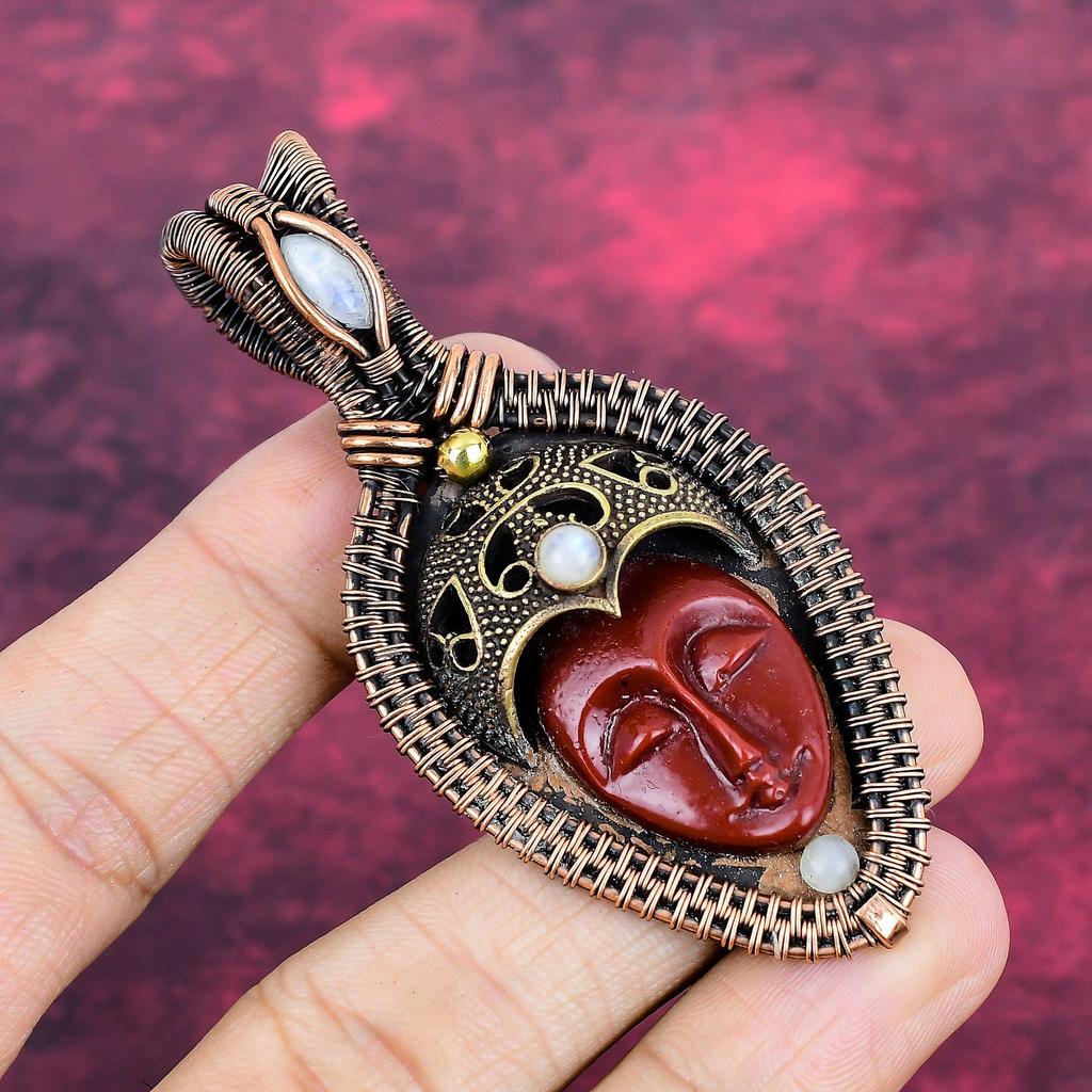 Red Carved Bone Face Pendant Rainbow Moonstone Pendant Copper Wire Wrapped Jewelry