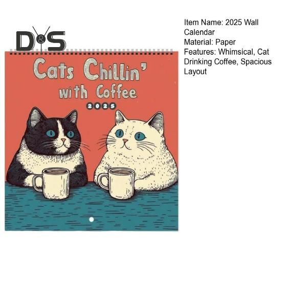 1/2Pcs 2025 Wall Calendar Cats Chillin' with Coffee Wall Calendar 12 Monthly Coffee Cats Calendar Family Office Organizer for Cat Lover Gift
