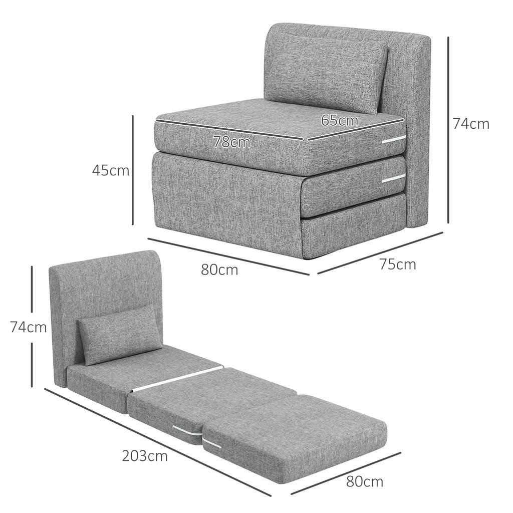Sleeper Chair, Guest Mattress, 3-Fold Foldable, Compact, Metal Frame, 80x75x74 Cm, Grey