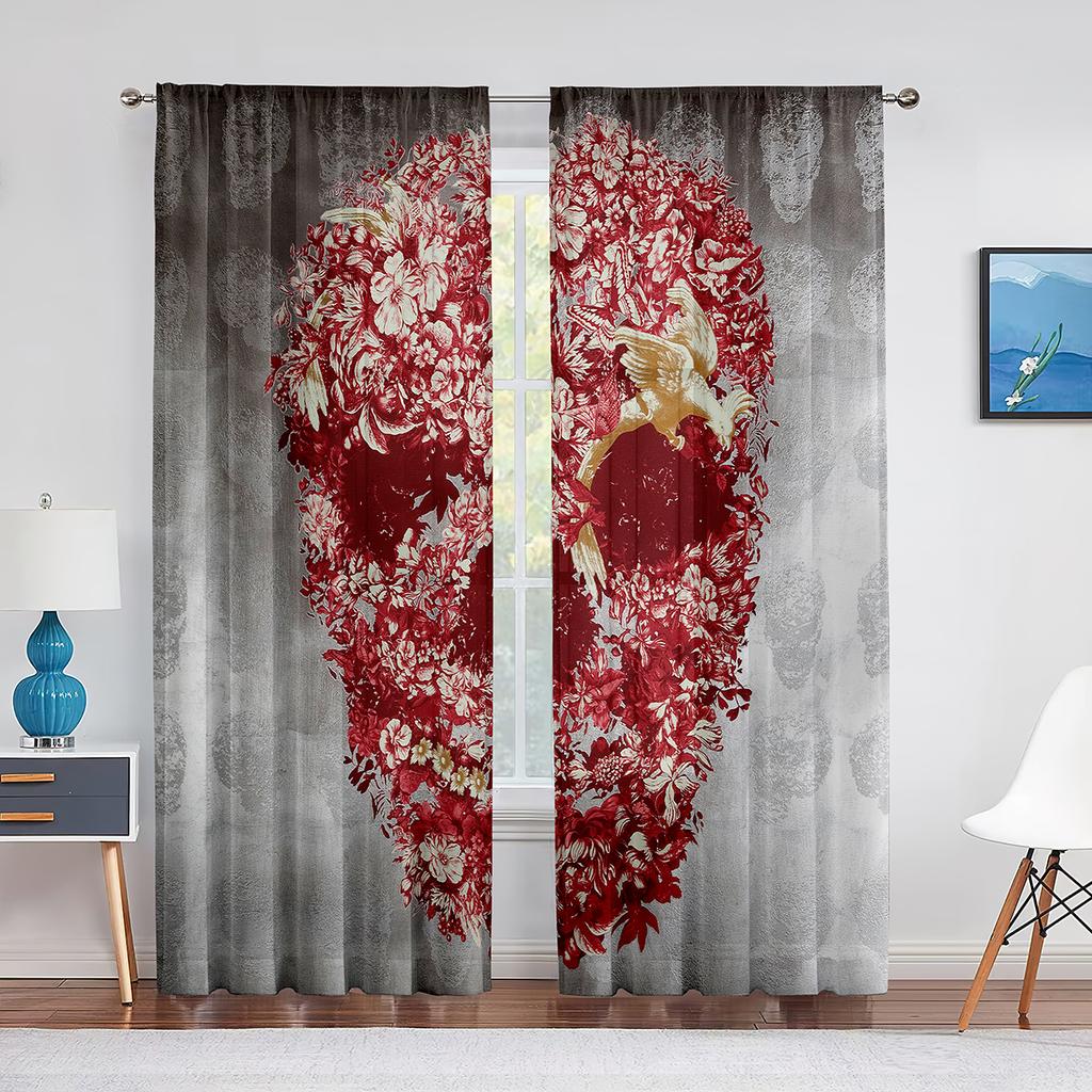 Czaszka Kwiatowy Szkielet Kolorowe Kwiaty Przezroczysta Woalowa Zasłona do Salonu Sypialni Draperia Okienna Kuchenna Szyfonowa Tiulowa Zasłona