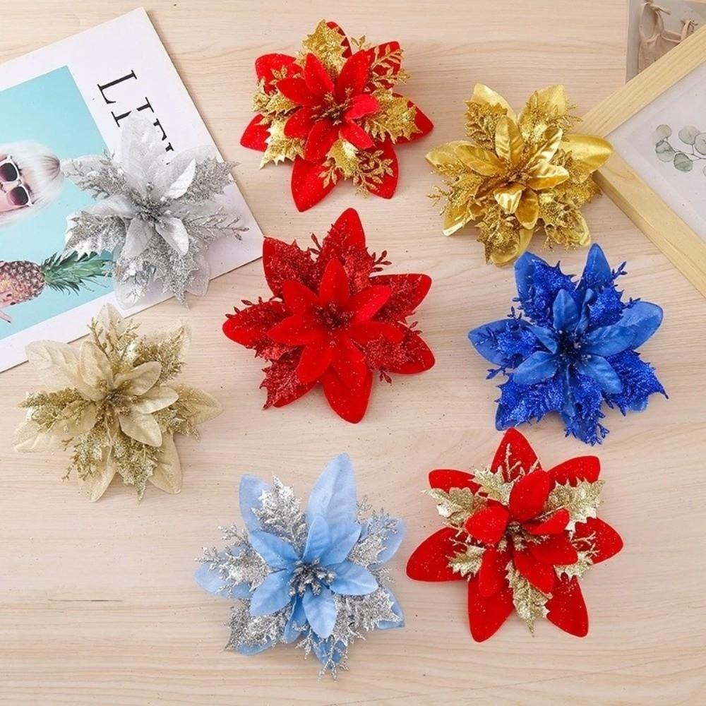 30pcs Set Multipurpose Artificial Christmas Flowers Glitter Poinsettia Flowers  for Party Decoration