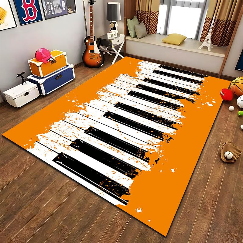 Artistic Rug with Black and White Piano Keys on Orange Background Suitable for use as an anti-slip game mat for living room and bedroom sofas