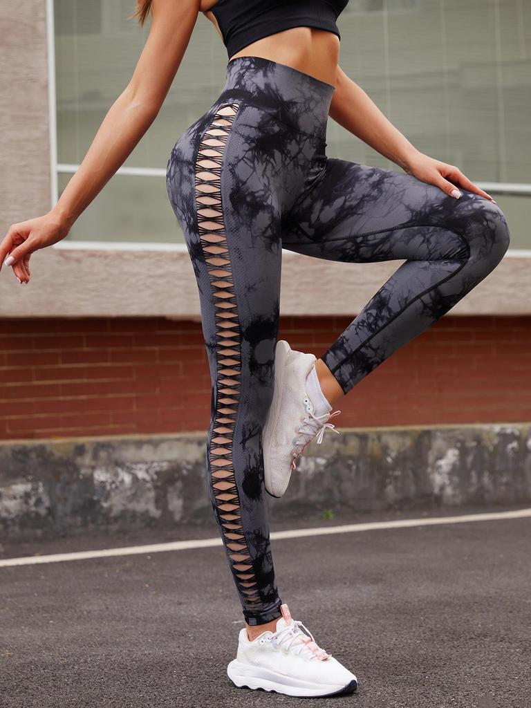 Cross-Border Tie-Dye Hip-Lifting Hollow Yoga Leggings: Slim Fit, Sports & Cycling Pants