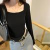 Design Niche Slimming Square Neck Long-sleeved T-shirt Women's Autumn New Solid Color Short Slim-fitting Top