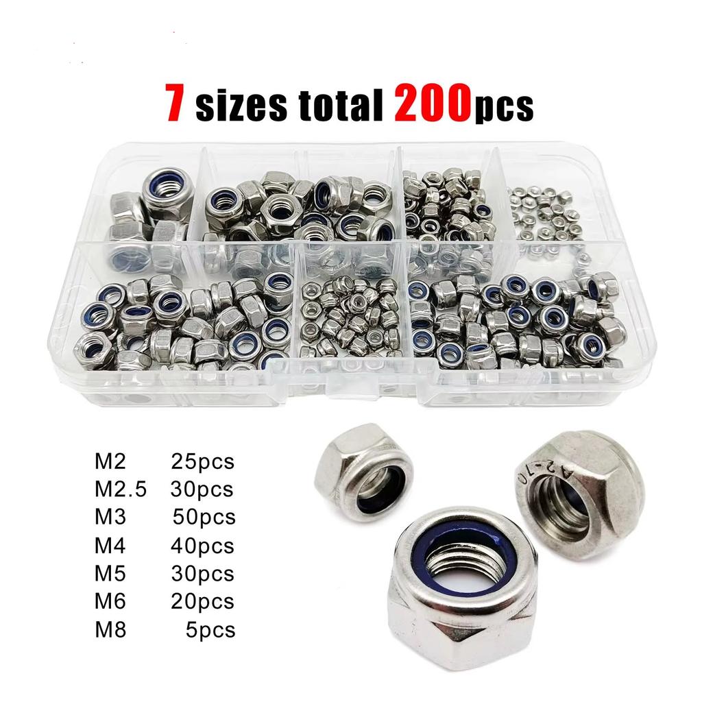 200pcs DIN985 Hex Nylon Insert Self Lock Nut Nylock Locknut Assortment Kit Set M2 M2.5 M3 M4 M5 M6 M8  Stainless Steel