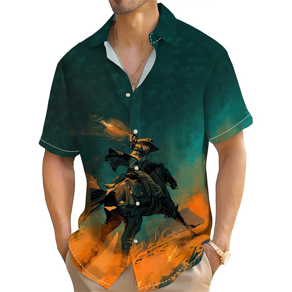 Men's Shirt Skull Western Cowboy Print Top Summer Men's Casual Short Sleeve Shirt Trendy Oversized Men's T-Shirt