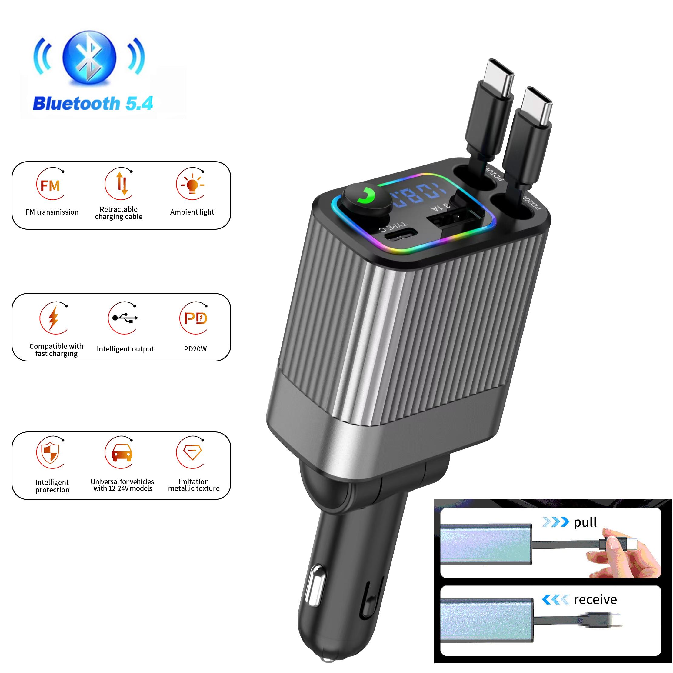 

4-in-1 Retractable Car Charger Multifunction Bluetooth FM Transmitter PD USB C Fast Car Charging Adapter with Voltmeter Display