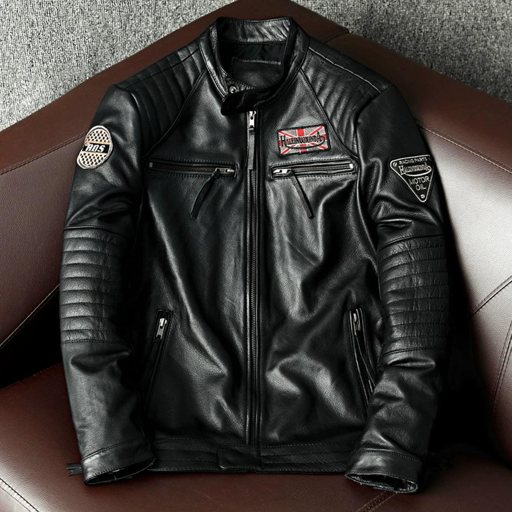 New Heavyweight Genuine Leather Biker Jacket Men Slim Fit Stand Collar Trendy Motorcycle Coat