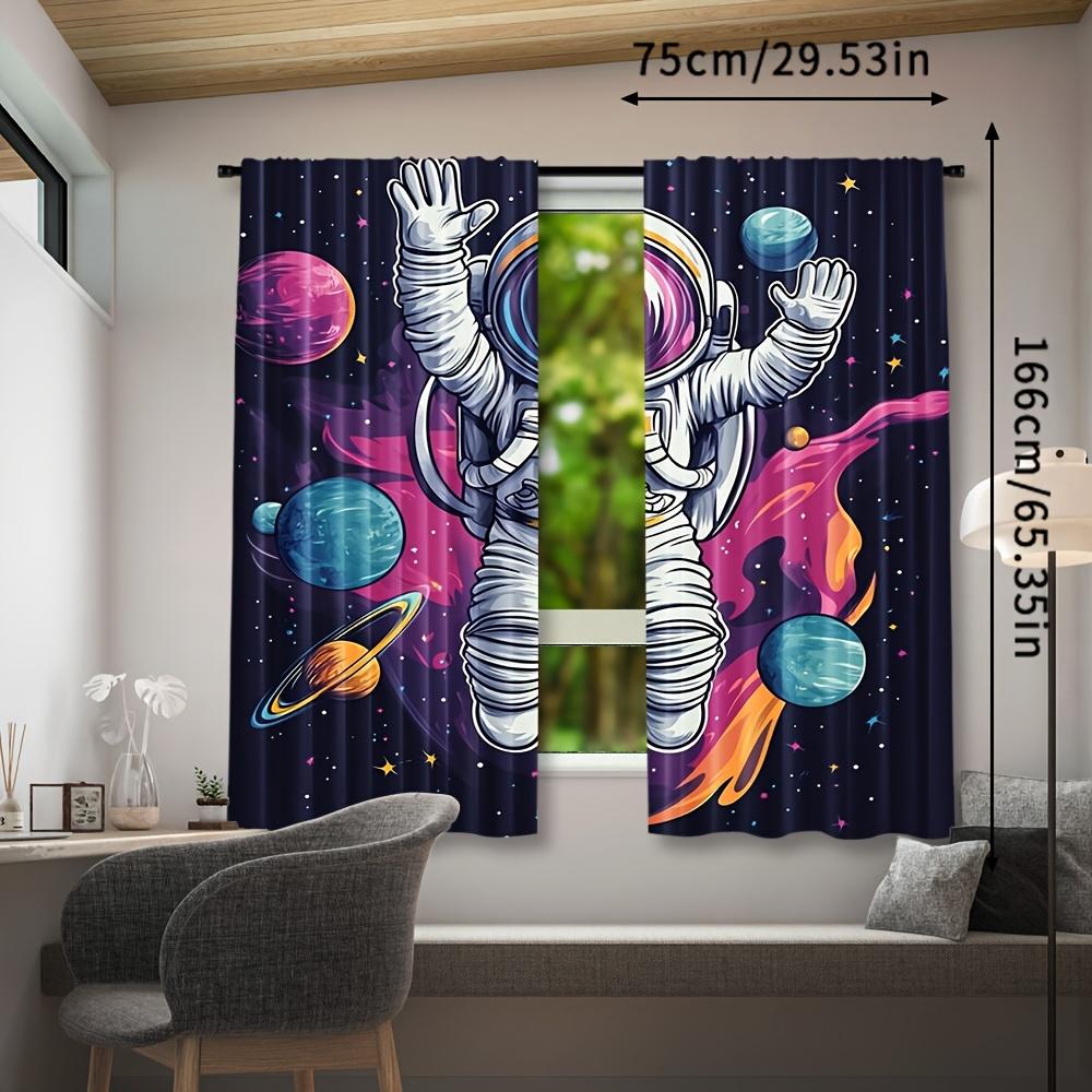 2pcs Astronaut Space Themed Curtains, Contemporary Semi-Sheer Polyester Drapes, Rod Pocket Hanging, Machine Washable, All-Season