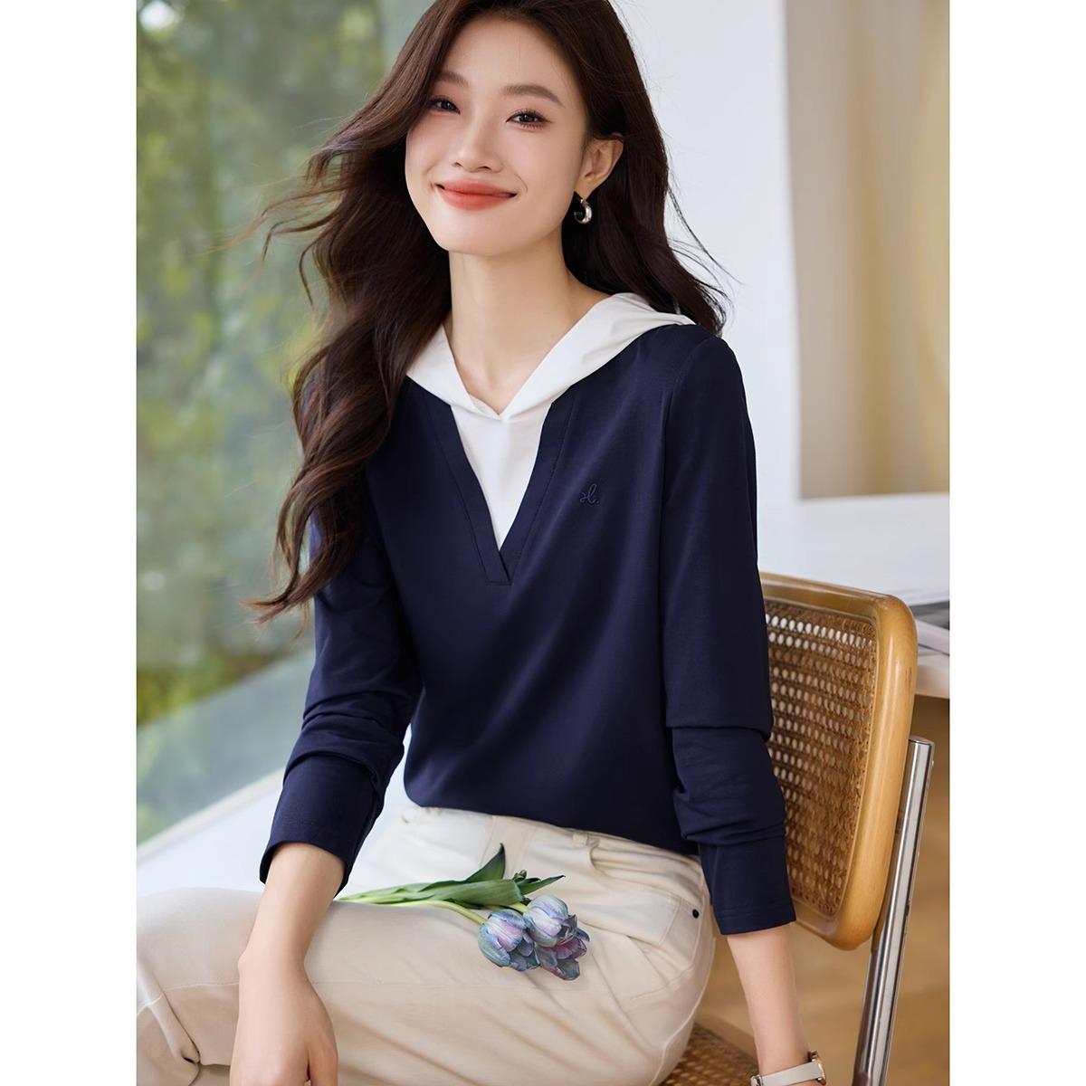 

Поддельная двухкомпонентная футболка с капюшоном на осень, новый повседневный дизайн, футболка с длинными рукавами для женщин 2XL