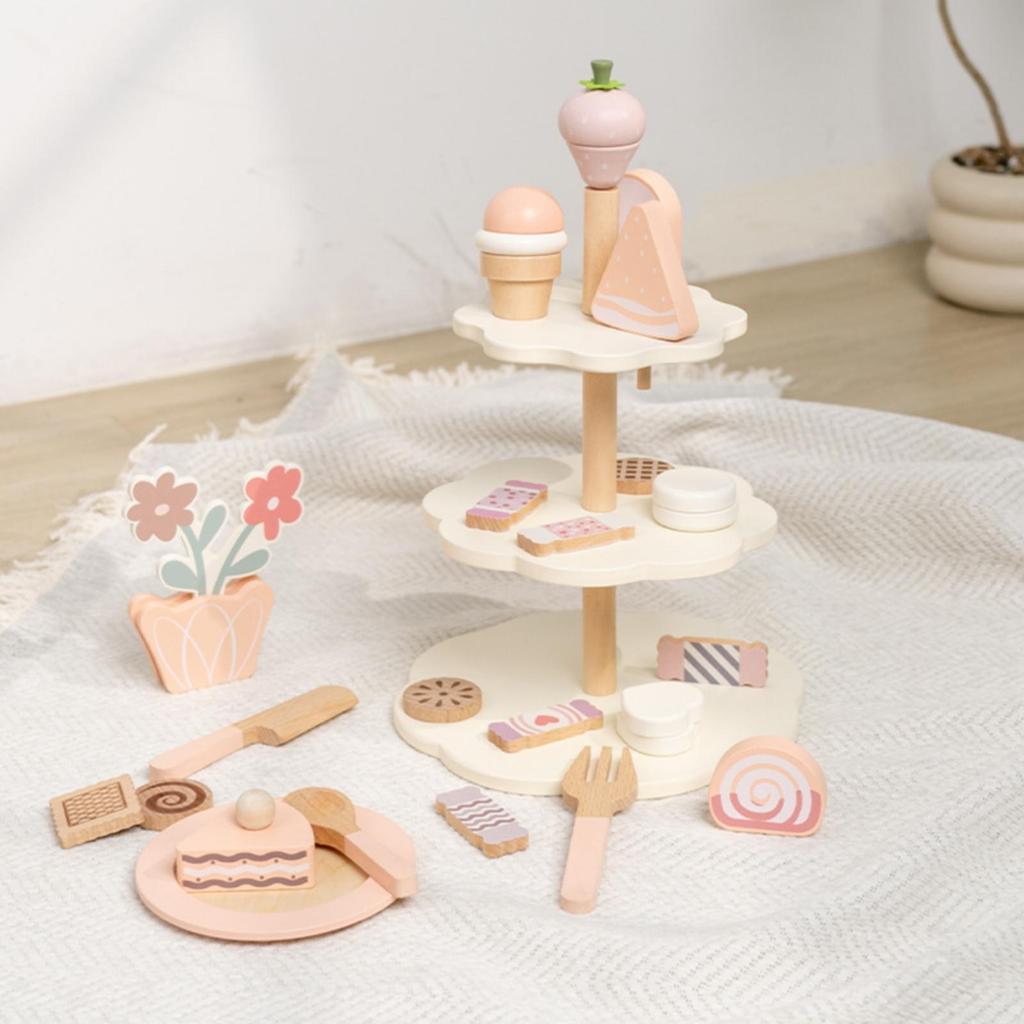 Wooden Dessert Playset Smooth Painted Finish Pretend Confectionery Stand Assorted Accessories