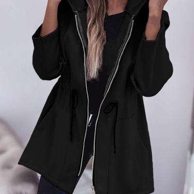 Damenjacke im Windbreaker-Stil mit Kapuze, Kordelzug in der Taille, große Taschen, einfarbig, Reißverschluss, Thermo-Langarm, für Radfahren, Wandern, Workout, Frühling, Herbst