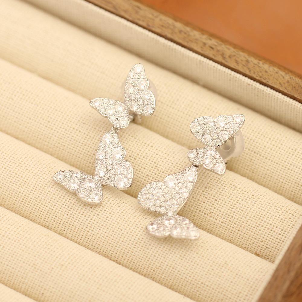 Light luxury full of zircon double butterfly earrings, gold-plated elegant temperament, no ear piercings, earrings, women's earrings, all-match.