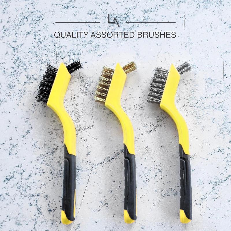 Wire Brush Set 3Pcs - Nylon/Brass/Stainless Steel Bristles with Curved Handle Grip for Rust, Dirt & Paint Scrubbing with Deep Cleaning