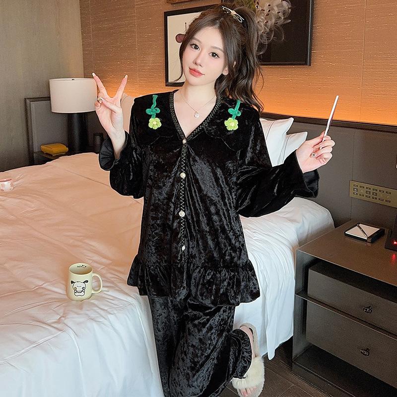 Linglei Autumn And Winter Golden Velvet Court Lace Cardigan Pajamas Women'S Long-Sleeved Trousers Autumn And Winter Loungewear