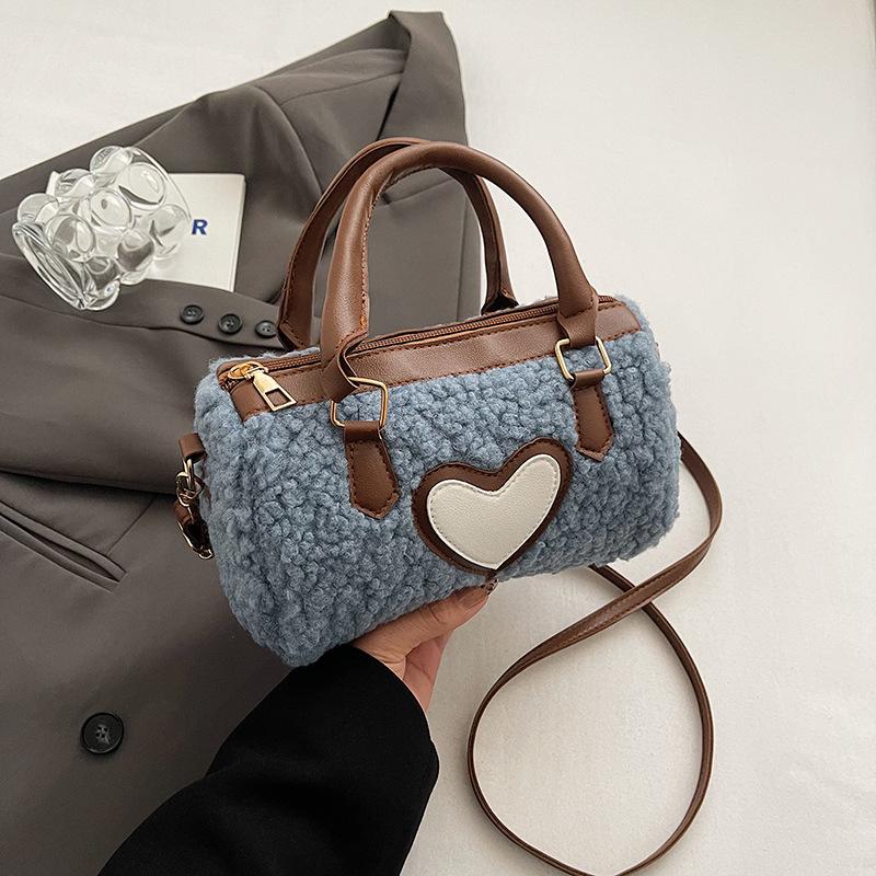 Winter Faux Lamb Wool Women's Top-handle Bags Fashi Ladies Shoulder Crossbody Bag Small Barrel-shaped Handbag Female Purse