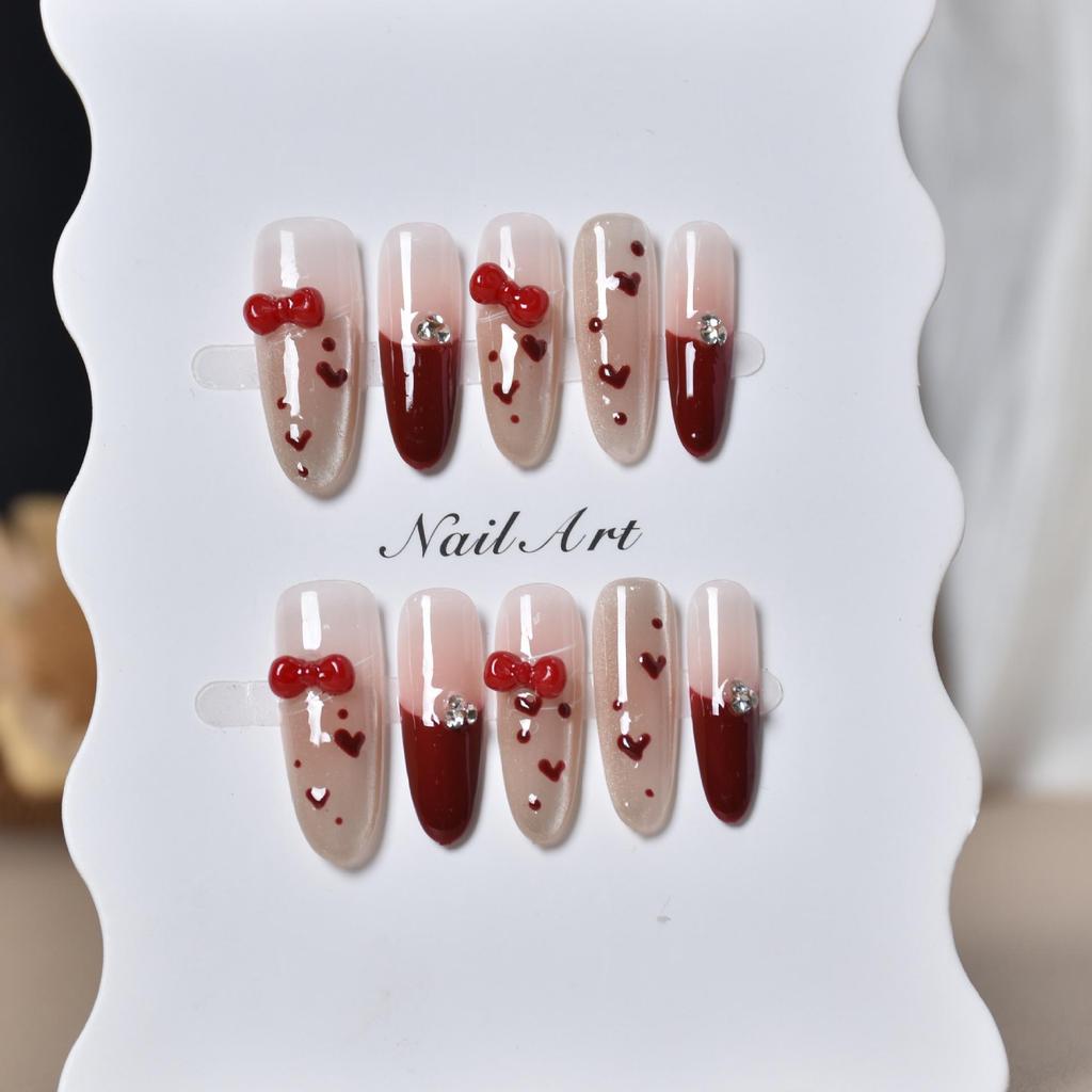 2026 Red Cat Eye Wearable Nail Art with Handmade Bow - Cute Student False Nails