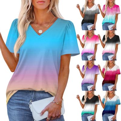 Top de punto casual de manga corta con estampado y cuello en V para mujer