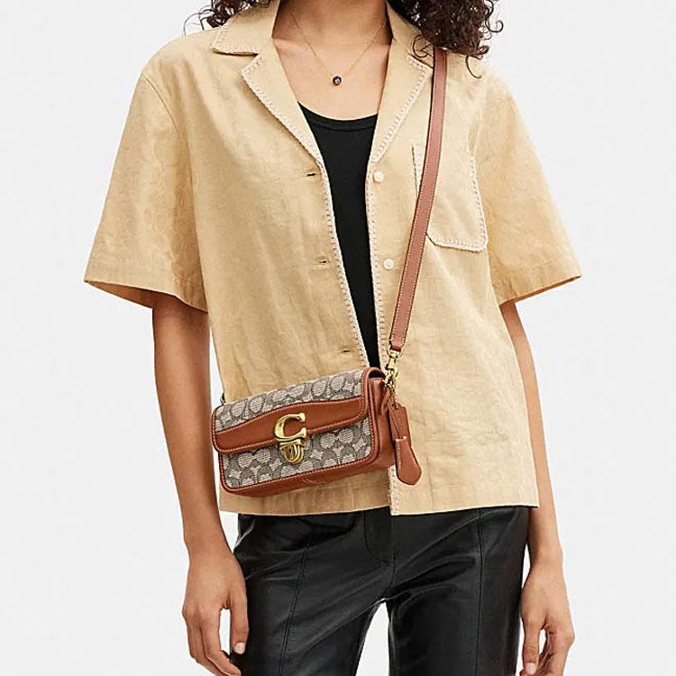 New COACH Studio Cow Leather With Textile Baguette Bag Handbag Shoulder Bag Women's Brown & Gray CJ860-B4TA7