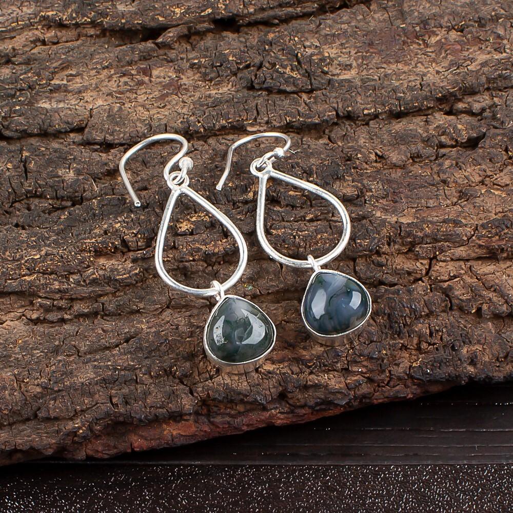 Moss Agate Gemstone 925 Sterling Silver Jewelry Handmade Designer Earrings1.90" EE-19-23