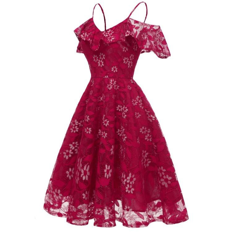 Bright Deer Women Cold Shoulder Bridesmaid Dress Floral Crochet Lace Ruffle Cami Strap Midi Dress for Wedding Evening Formal Party Cocktail Occasions