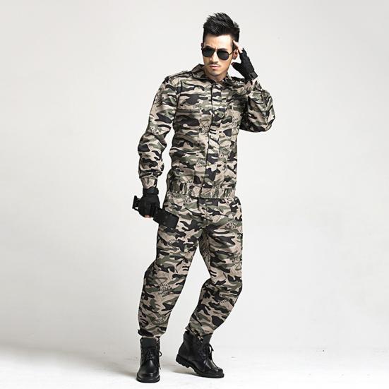 2Pcs/Set Lapel Long Sleeve Zipper Buttons Placket Cargo Coat Pants Men Multi Pockets Camouflage Print Work Training Outfit Male Clothing
