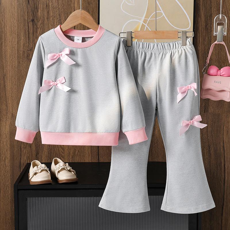 

Повседневный комплект для девочек, осенняя детская толстовка с длинными рукавами и бантом, повседневные длинные брюки 130cm=7Y серый