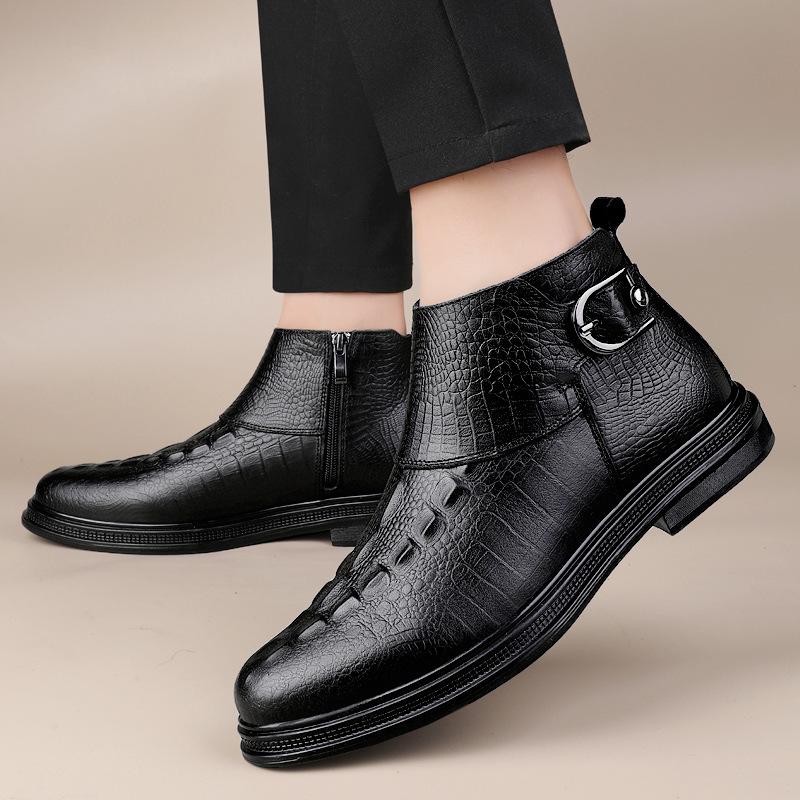 Men's new autumn and winter leather boots crocodile pattern first layer cowhide Martin boots men's genuine leather business cotton boots with