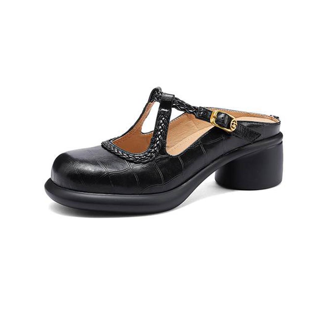 Krazing Pot Cow Skin Round Toe Size 42 Thick Round Med Heels Slip on Platform Mules Gladiator Autumn Pumps