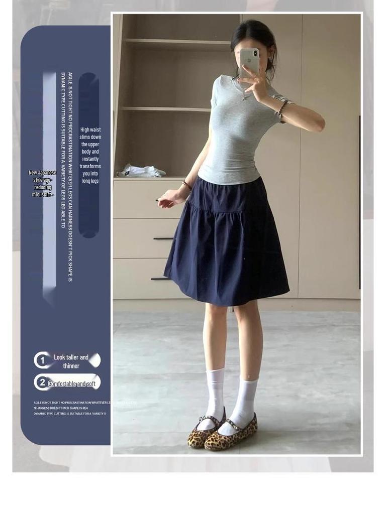 Jupe Midi Trapèze Style Preppy Bleu Marine - Taille Haute Rétro pour Printemps/Été 2025