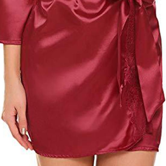 Women Nightdress Solid Color Satin Cardigan Lace Up Tight Waist Lady Nightie Female Intimate Clothes