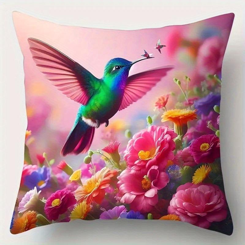 Vibrant Hummingbird & Floral Pillowcase: Colorful Tropical-Themed Cushion Cover For Home Sofa Decor
