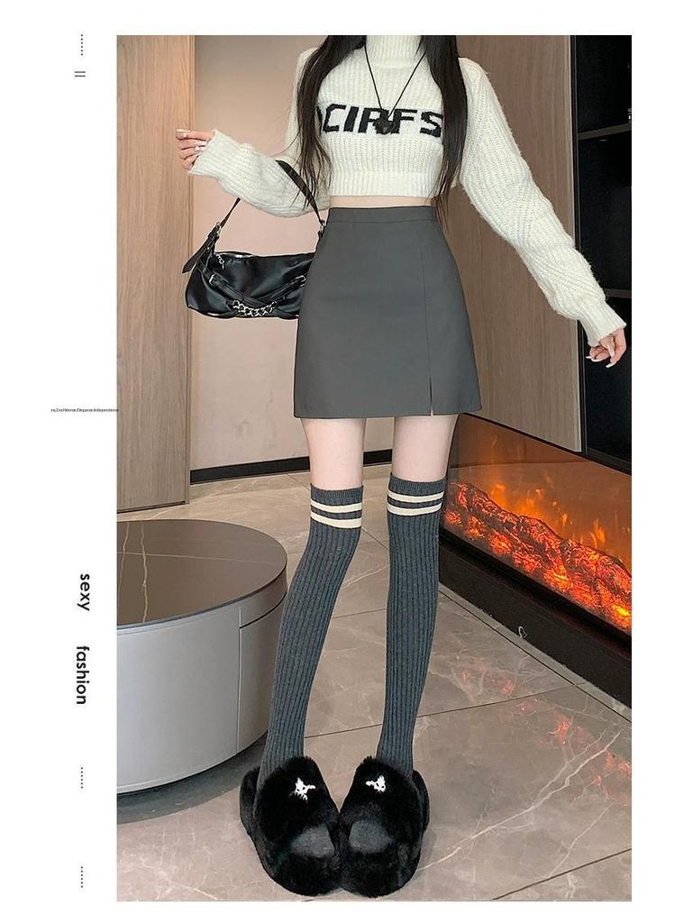 2024 Autumn/Winter Korean Style PU Leather High Waist Midi Skirt for Women