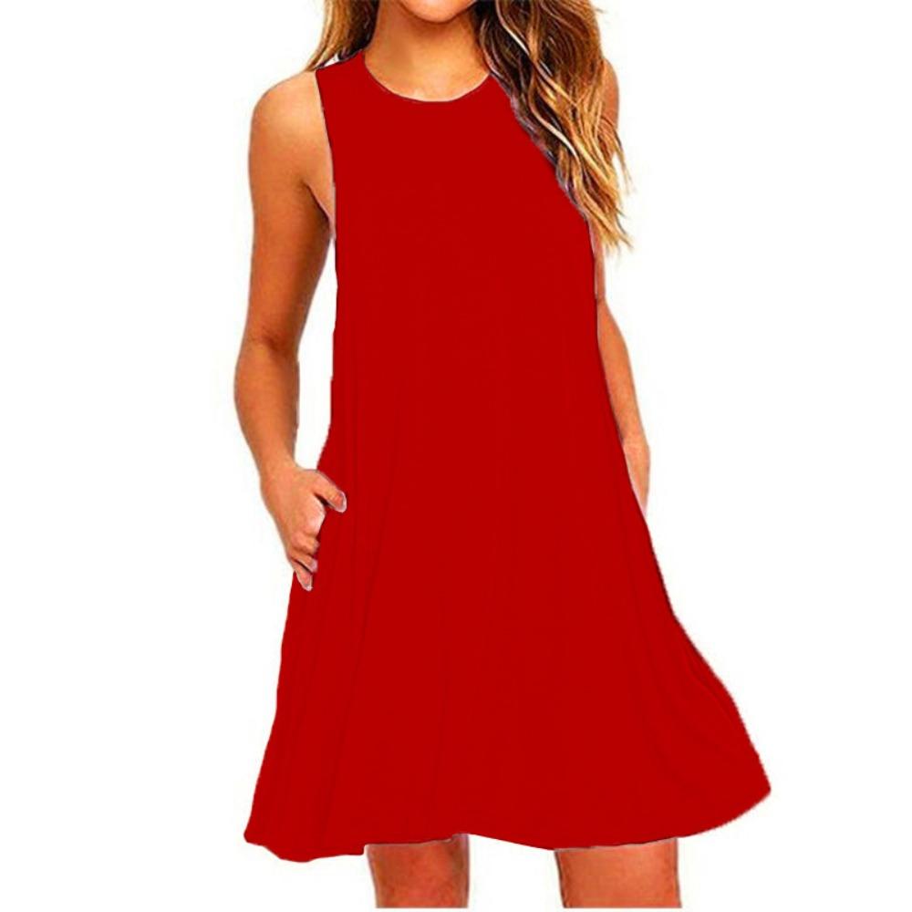 With  Solid Color Sleeveless Loose Dress Women O Neck Mini Causal Dress Office Club Party Vestidos