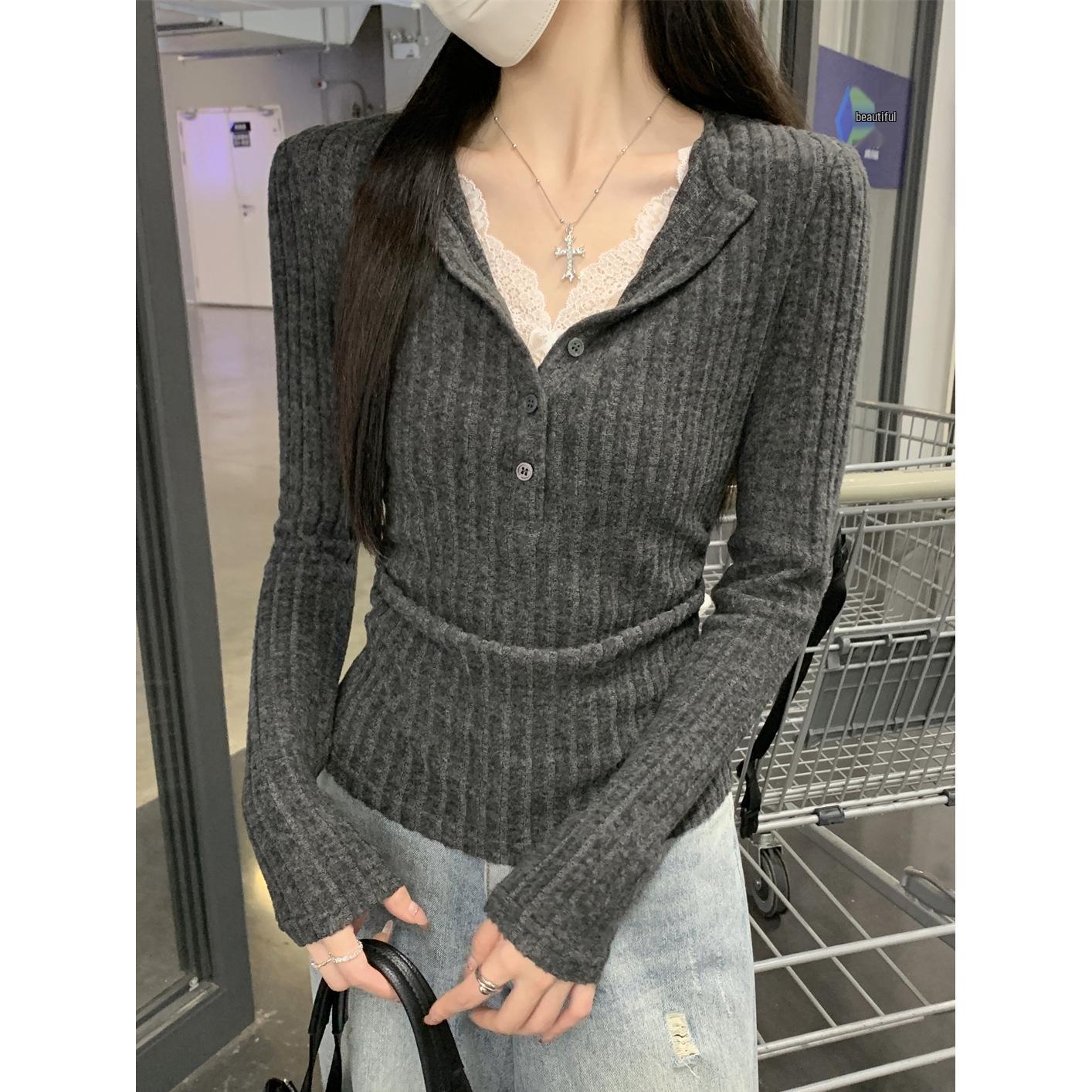 Lace Trim Knit V-Neck Layered Slim Fit Top for Women - Autumn/Winter Collection XL серый