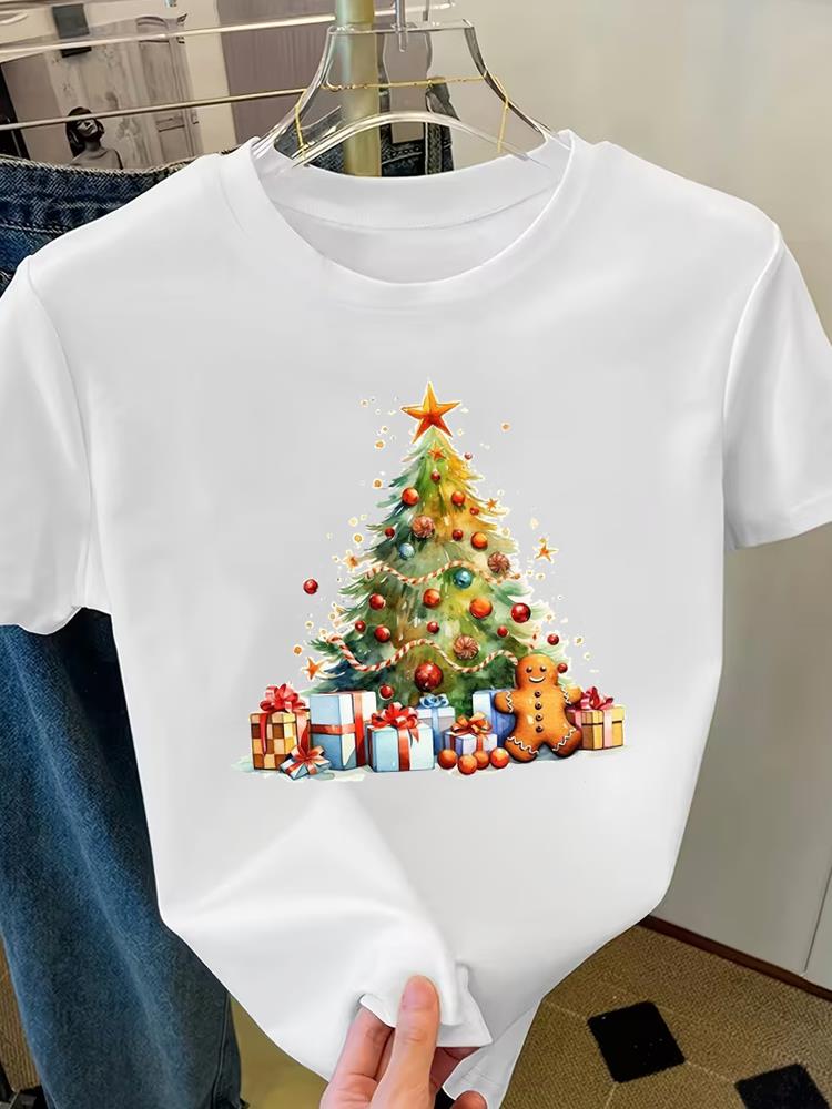 (Asian Size) Letter Lovely Cute Merry Christmas Fashion Short Sleeve T-shirts Women's Top O-neck T Shirt Print Casual New Year Clothing Graphic Tee