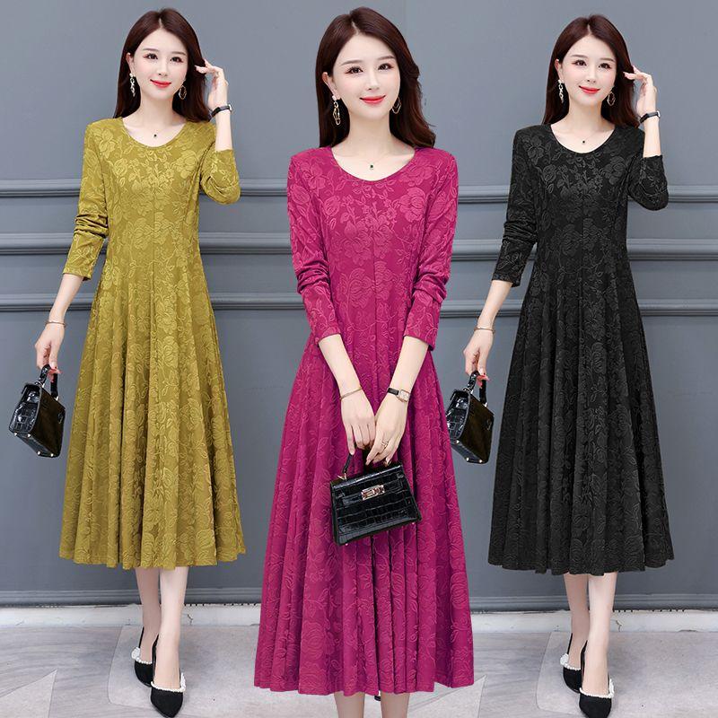 Luxury Floral Jacquard Round Neck Long Sleeve Maxi Dress for Mothers Elegant Ballroom Dance Dress