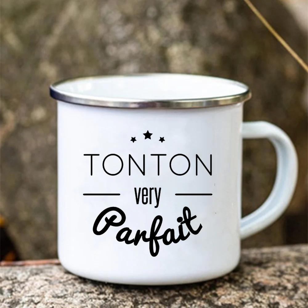 Super Tonton Papy Printed Funny Enamel Creative Coffee Cups Camping Mugs Handle Drinkware Vacation Mug Father's Day Best Gifts