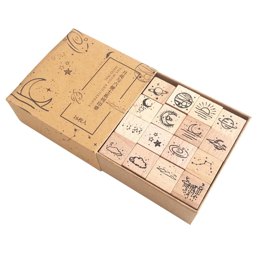 Audiophile Wooden Stamps Starry Sky Planet Moon Planner Diary Surreal Art Set of 16