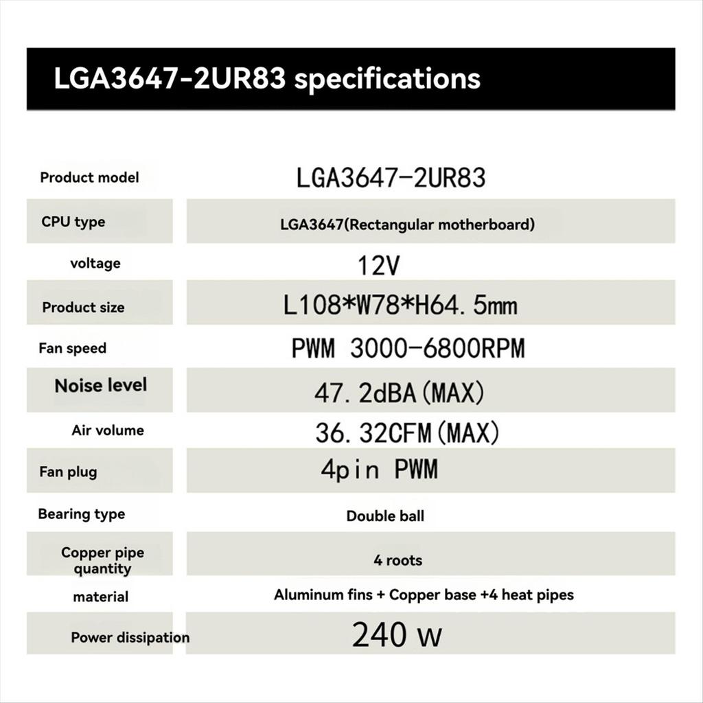 LGA3647-2U-R83 Cooler 240W for Lga 3647 Narrow Type Radiator 2u Heat Sink 4 Heat Pipe Side Blow Cooling Fan