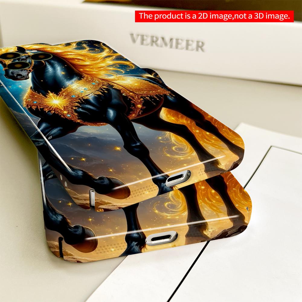2DFlat Golden-Maned Black Horse in Starry Night All inclusive film hard phone case, compatible with iPhone 18 Pro Max 17 16 15 14 13 12 11