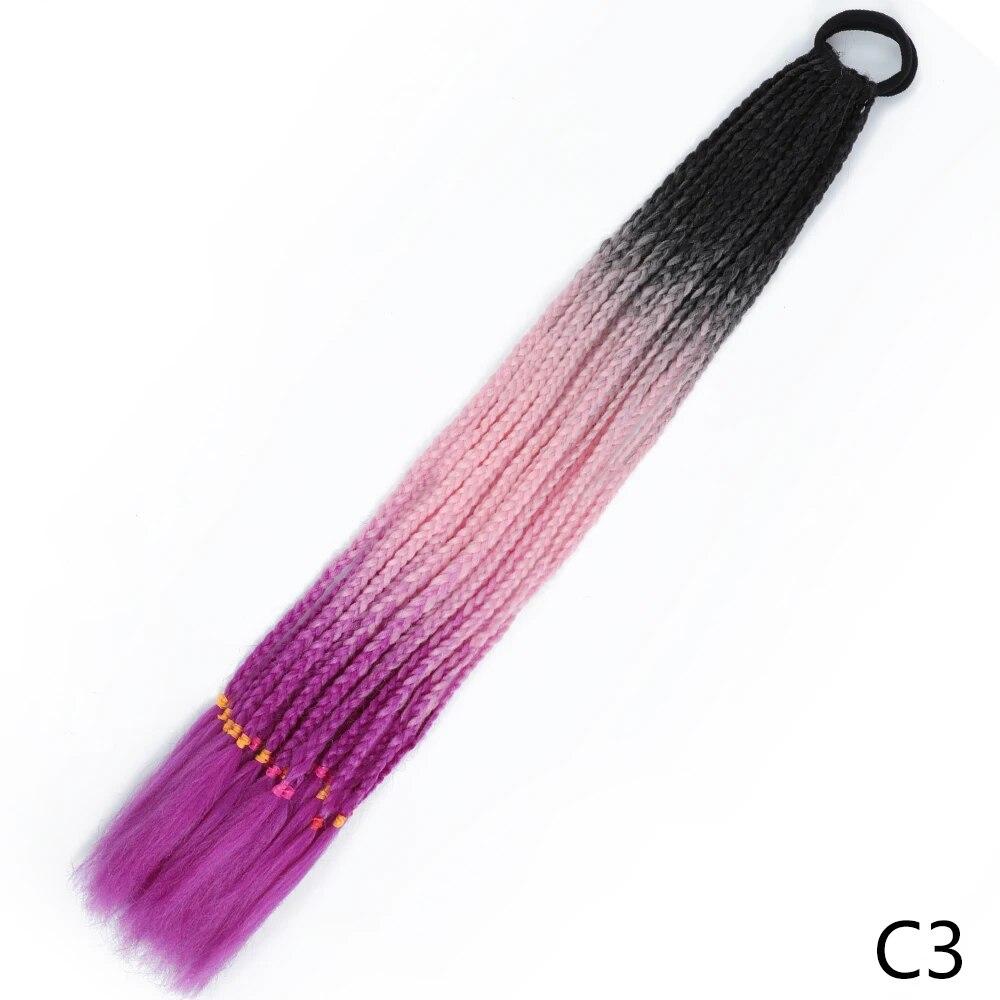 XINRAN Synthetic Long Straight Braids Hair With Rubber Bands Rainbow Braided Ponytail For Women And Girls Cosplay Party Accessories