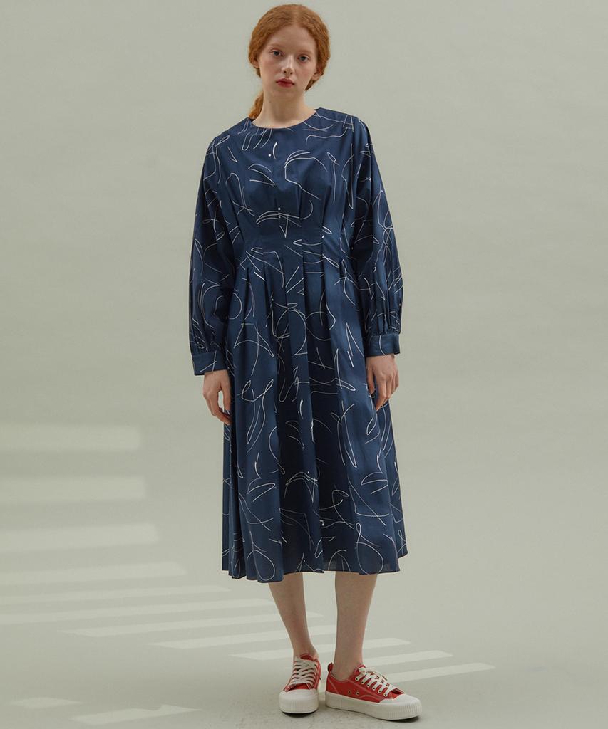 Manavis Seven Scribble Cotton Dress Navy